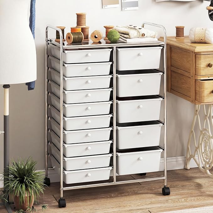 RELAX4LIFE 15-Drawer Rolling Storage Cart - Utility Cart with Metal Frame, Lockable Wheels & Removable Drawers, Multipurpose Art Craft Organizer for Home Office, Classroom (White)
