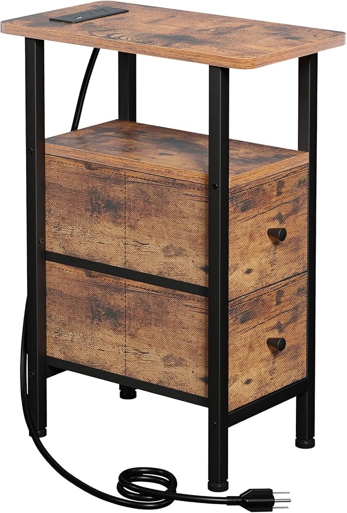 Narrow End Table with Charging Station, Small Nightstand | Skinny Side Tables Living Room with 2 Fabric Drawers, Slim Bedside Table for Bedroom, Small Spaces, Couch, Rustic Brown