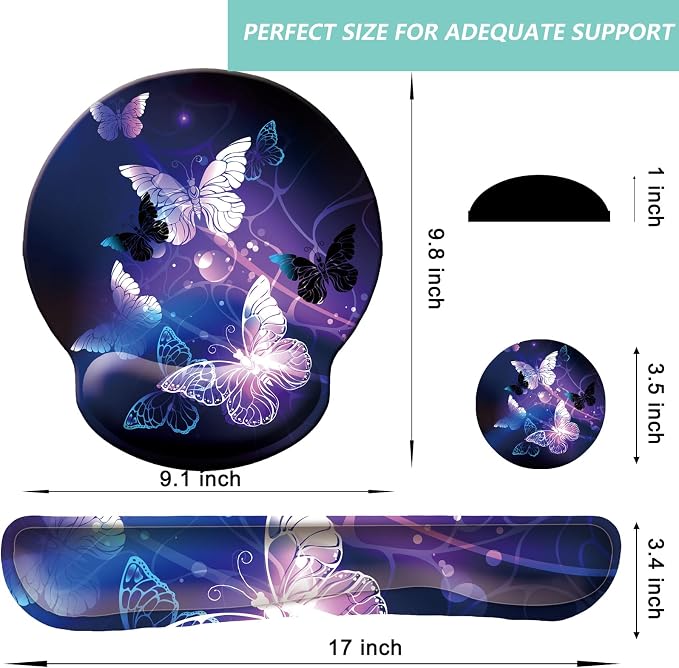 Keyboard Wrist Rest Pad Mouse Pad with Wrist Support Set of 3, Mousepad with Non-Slip Rubber Base, Ergonomic Memory Foam Mouse Wrist Cushion Support for Home Office Laptop Computer Gaming, Butterfly