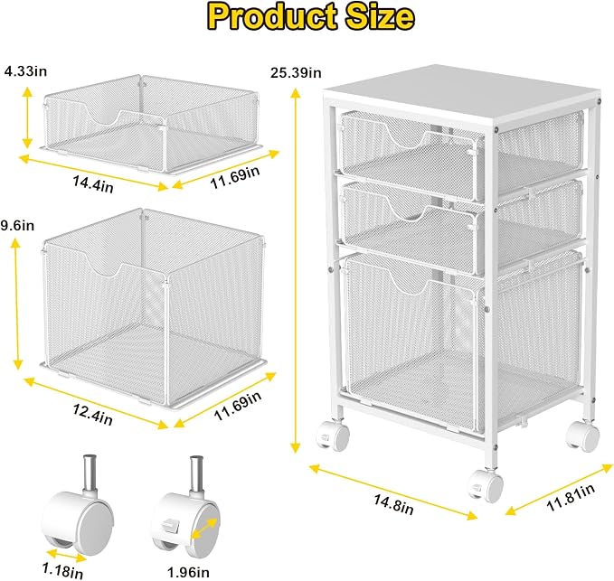 BOHDK Rolling File Cart with 3 Storage Drawers, Wood & Mesh Hanging File Folder Organizer with Wheels Under Desk, File Cabinets for Home Office, 11.81" D x 14.8" W x 25.39" H, White