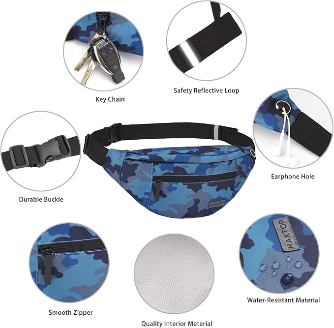 MAXTOP Camo Blue Fanny Pack for Men Cross Body Bag Carrying All Phones | 4-Zipper Pockets,Polyester,Adjustable Straps,Headphone Jack,Ideal Gift for Outdoor Hiking Running