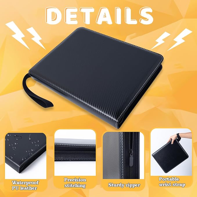 Jravkfi Card Binder 4 Pocket with 50 Removable Sleeves-Can Hold 400 Cards,3-Ring Zipper Sports Book, Ideal for All Card Collectors（Black）