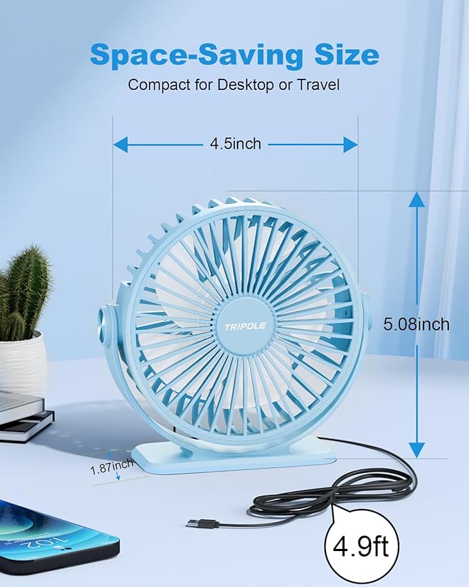 TriPole USB Desk Fan Small Portable, 360° Rotation Quiet Mini Personal Fan | Blue, 3 Speeds Plug In USB Fan, Desk Fans Small Quiet, 4.9ft Cable, Strong Breeze for Desktop Bedroom Office Table Travel
