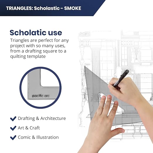 Pacific Arc's Scholastic Triangle - 8 inch - Smoke - 30/60 Angle - Polystyrene - Inking Edge - Technical Drawing Tools, Drafting, Architect and Engineering.