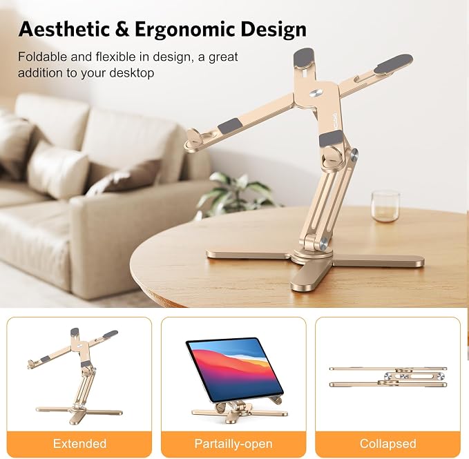OMOTON LA10 360° Rotating Laptop Stand Riser Foldable for Desk, Gold | Aluminium Aolly, Adjustable Height Angles, Collaborative Work, Easy Storage, Fits Laptops up to 17", for MacBook Pro/Air HP