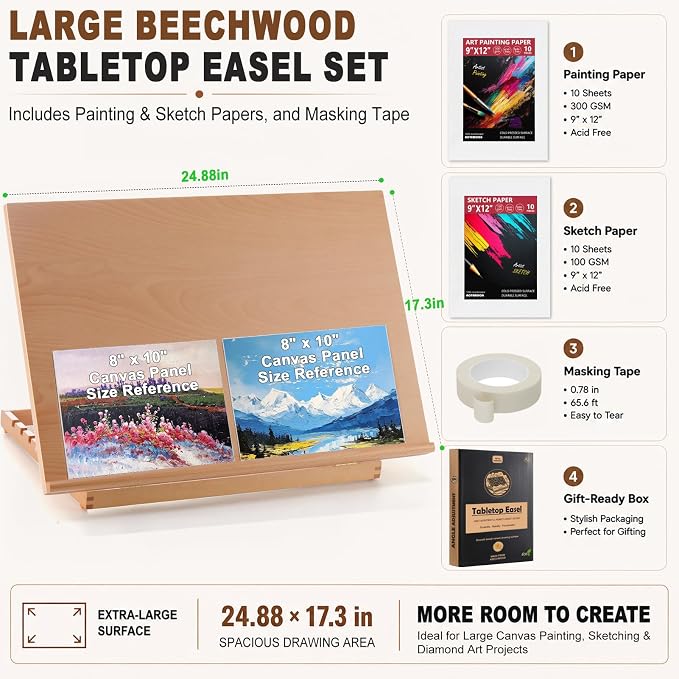 24.9"x17.3" Beechwood Tabletop Easel with Paint and Sketch Papers,Mask Tape | Extra Large Adjustable Art Easel Stand, Drawing Board for Painting, Sketching and Diamond Art