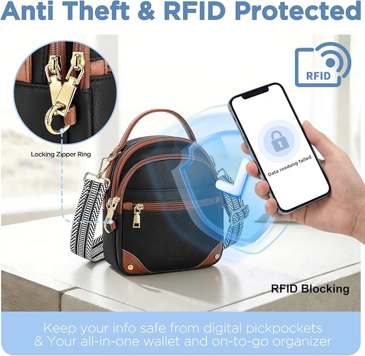 Anti Theft Crossbody Bag for Women RFID Small Purse Travel | Secure Crossbody Phone Purse with Handle, 5 RFID Slots, 7-Pocket Fits 7.9" Tablet, Adjustable Strap, Hands-Free Everyday