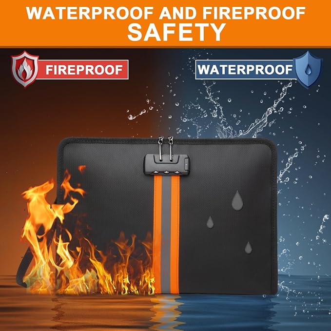 Fireproof Document Bag with Lock，13"×9.2" Fireproof Money Bag，with Zipper and Lock，Suitable for Tablets, A4 Documents, Cash, Mobile Phones, Credit Cards and Notarized Documents.