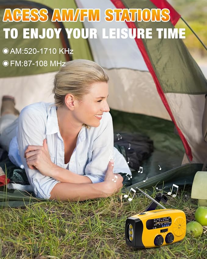 Hand Crank Radio with AM/FM/NOAA Weather Bands,for Emergencies, Camping | 3 LED Flashlights,SOS Function,Solar Powered,Hand Cranked, 2000mAh/7400mWh Charger,for Power Outage - Orange