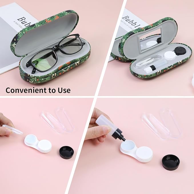 2 in 1 Contact Lens Case and Eyeglasses Case for Women Men Kids, Double Sided Hard Shell Portable Glasses Travel Holder with Built-in Mirror, Contact Lens Box Storage Kit (Green Cat)