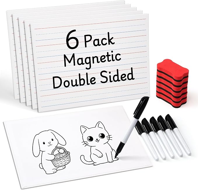 GAMENOTE 6 Pack Magnetic Dry Erase Lap Boards, Lined and Blank, 9 x 12 in | 6 pack double sided 9 x 12 boards pair a lined side with a blank side for reusable writing practice