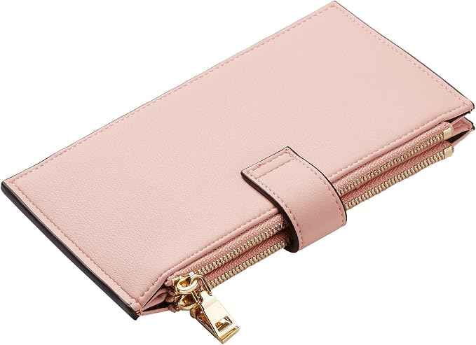 Travelambo Womens Leather Bifold Wallet, Slim RFID Blocking Card Holder | Large Capacity, 16 Card Slots & ID Window, 2 Zipper Pockets, Dual Snap Closure, Slim Lightweight, RFID Privacy Protection