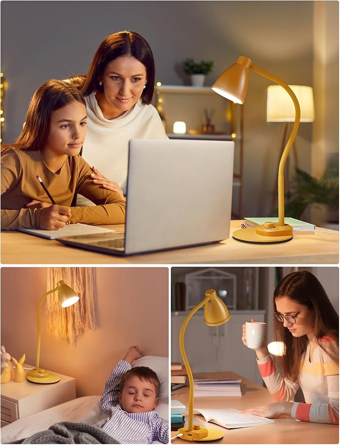 BOHON LED Desk Lamp with USB Charging Port 3 Color Modes Fully Dim, Yellow | Reading Lamp, Auto Dimming Task Lamp, Flexible Neck Table Light for Home Office Dorm Bedside, Bright Yellow