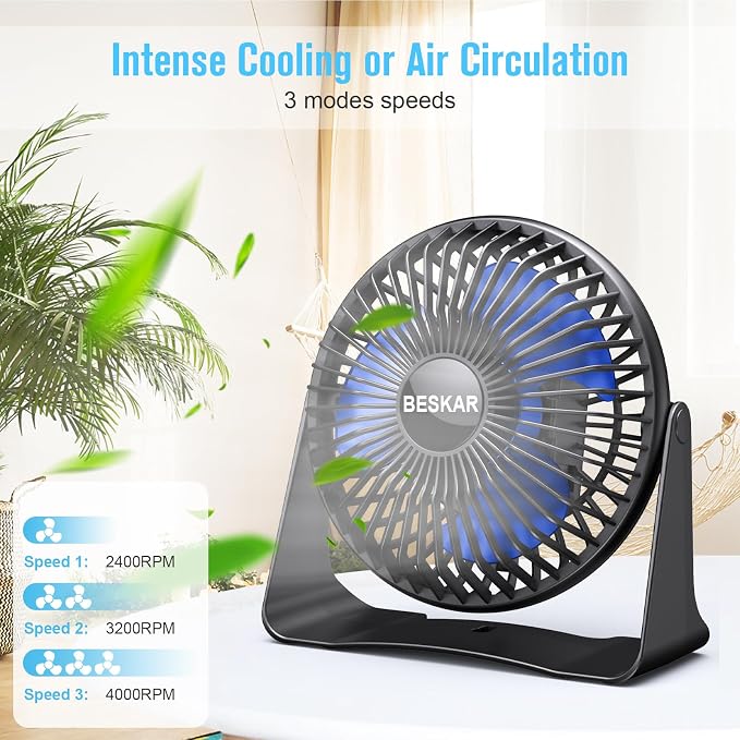 BESKAR USB Small Desk Fan, Portable Table Fans with 3 Speeds Strong Airflow | Quiet Operation and 360°Rotate, Personal Cooling Fan for Home, Office, Bedroom, 3.9 ft Cord