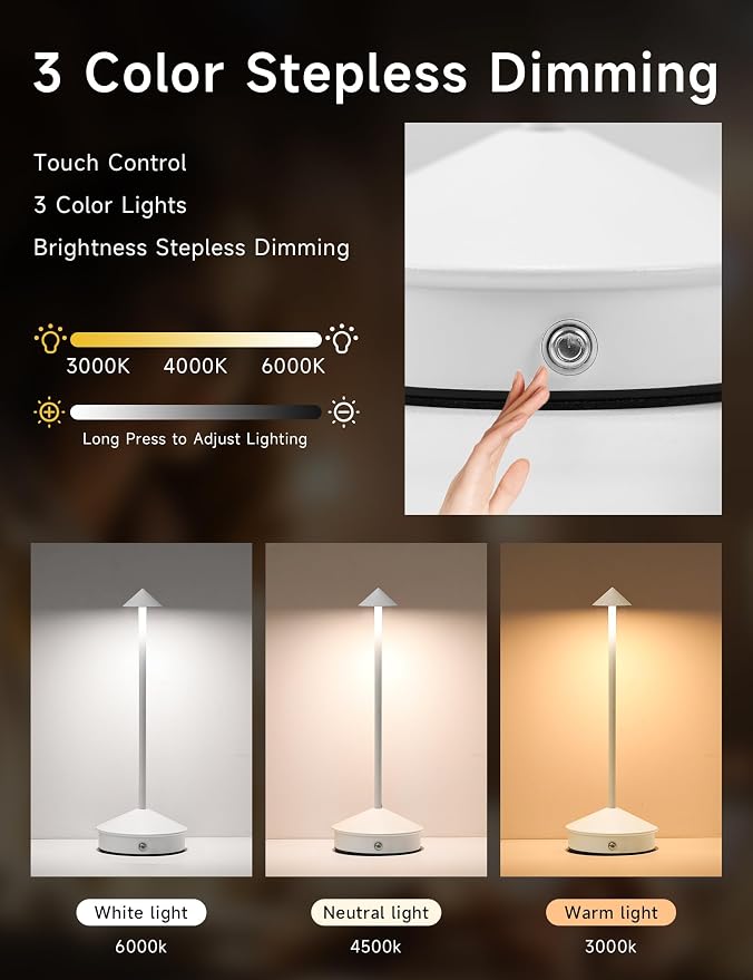 LED Rechargeable Cordless Table Lamps White | 2 Pcs Portable Modern USB Battery Operated Lights,Waterproof Touch Dimmable Desk Lamp,for Patio,Restaurant,Bar,Dining Home