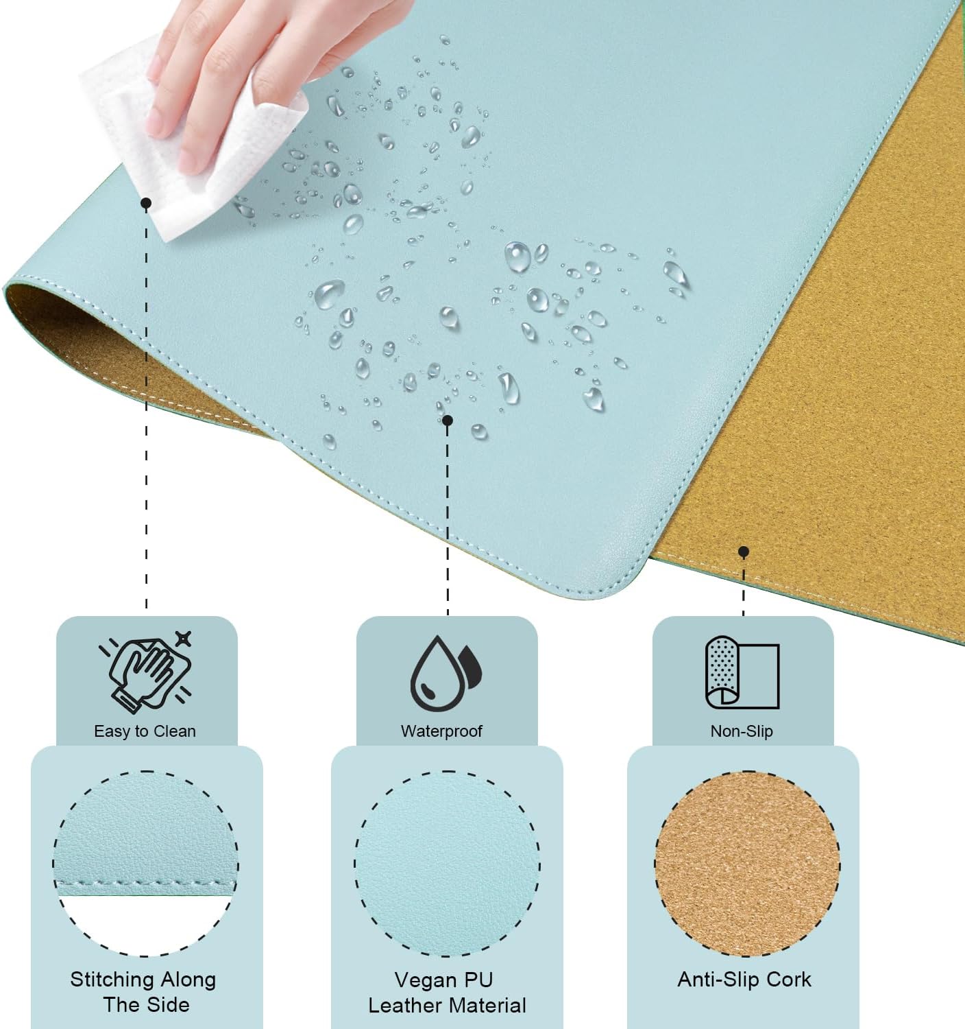 Large Desk Pad, 55'' x 17'', Office Desk Mat, Computer Mat for Desk, Leather Desk Pad for Home & Office, Light Blue