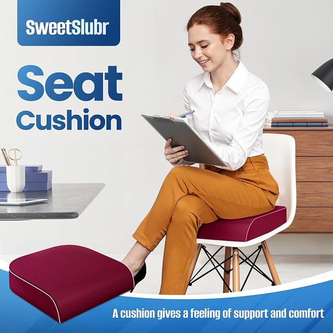 SweetSlubr Seat Cushion for Tailbone Pain Relief, Office Chair Cushion, Memory Foam Large Chair Pad with Non-Slip Cover for Soft Support at Office Chair, Car Seat, Airplane Red/2X-Large