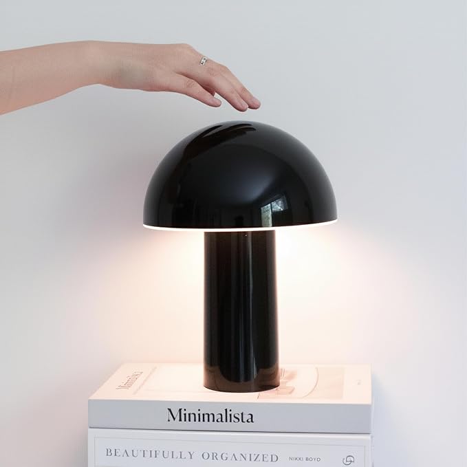 Brightech Celia Small Lamp – 10" Touch-Controlled Mushroom Table Lamp, Cordless & Dimmable LED, Portable Rechargeable Bedside Night Light, Sustainable Recycled Modern Patio Lamp for Home Décor – Black