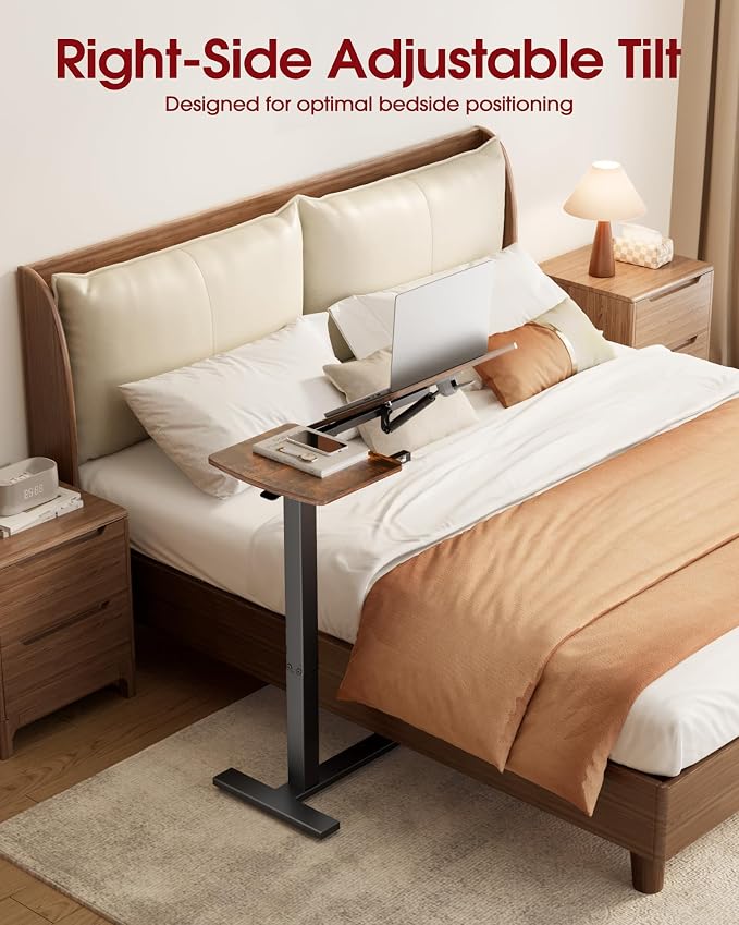 Sakugi Overbed Bedside Table with Wheels, Right-Side Tilt Top, Laptop Desk | Home & Office, Hospital Bed Table, Rolling Bed Tray, Height Adjustable, Brown,12.9" D × 27.6" W × 29.1"–39" H
