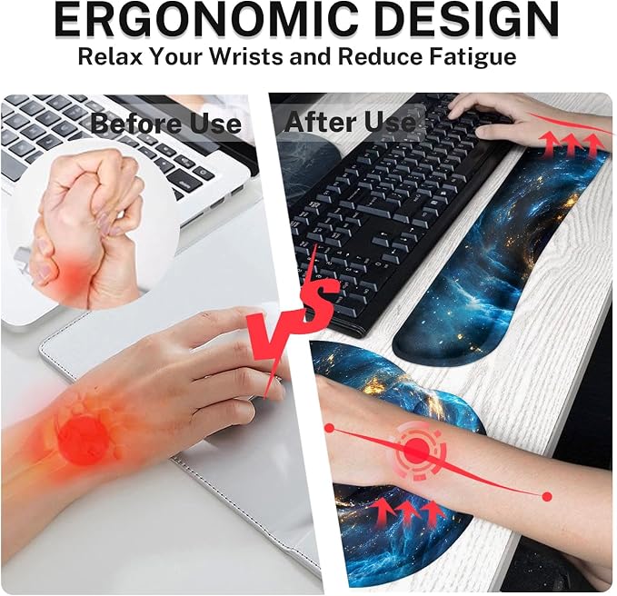 Ergonomic Mouse Pad Set with Wrist Rest, Galaxy Space | Blue Black Non-Slip Rubber Base Wrist Cushion Support and Coasters Mousepad with Wrist Support for Computer Keyboard