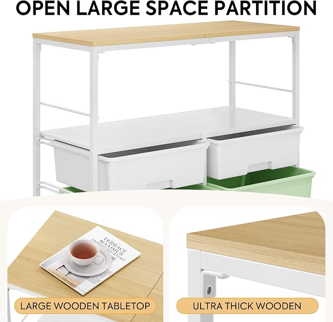 Rolling Storage Cart with 8 Large Drawers, Wooden Tabletop | Open Storage Shelves, Mobile Craft Organizer with Lockable Wheels for Home, Classroom, Office Supplies & Art Studio,Green