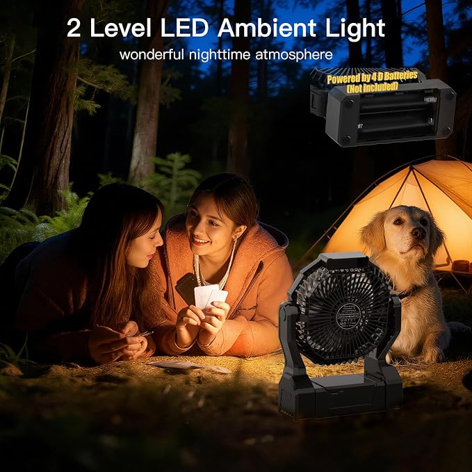 Battery Operated Fan, 2-in-1 D-Cell Battery & USB Powered Portable Fan with 4 Speeds, 3 Timers & 2 Light Modes, Super Long Lasting Camping Fan for Outdoor Tent Travel Picnic Office Bedroom - Black