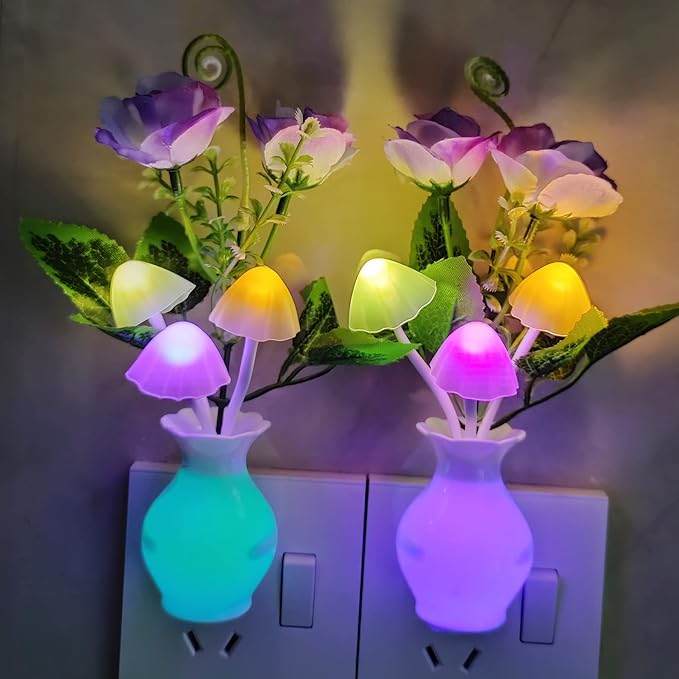 AUSAYE 2Pack Led Night Light Plug in Sensor Light, Energy Saving Lamp Dream Nightlight Rose Flower Mushroom Night Lights for Kids Adults Bedroom,Bathroom,Living Room,Stairs, Kitchen,Hallway