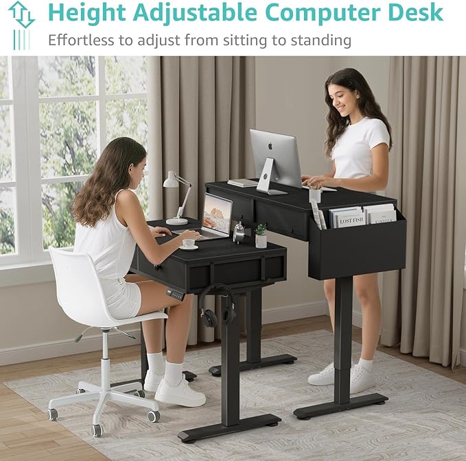 KLUVIS Electric Standing Desk with Drawers - 32 Inch Small Black Height Adjustable Sit Stand Desk with Storage for Home Office Bedroom, Study Writing Compact Stand up Computer Desks for Boys Girl Work