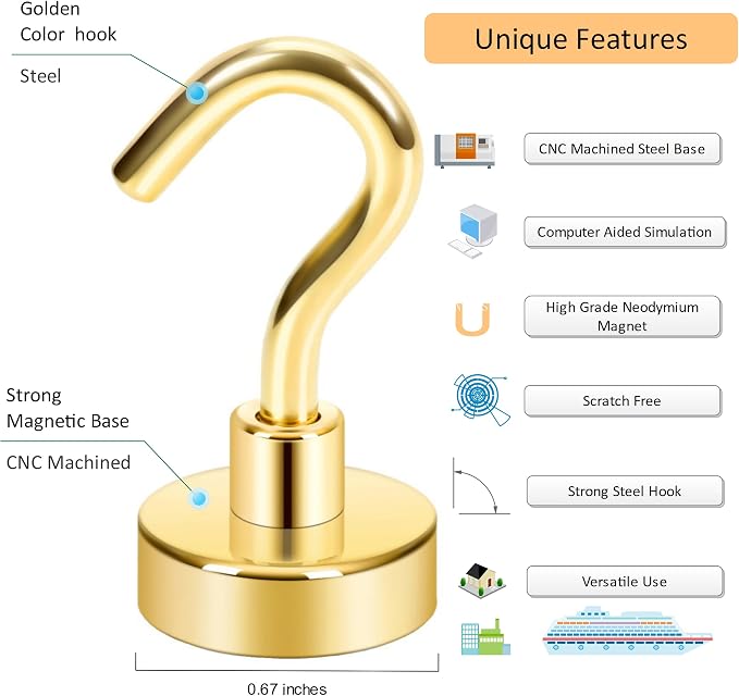 Neosmuk Magnetic Hooks, Heavy Duty 30lb+ Strong Magnet Hook for Cruise Cabins, Cruise Essentials 2026 for Hanging, Metal Wall Refrigerator Hangers (Gold, 12 Pack)