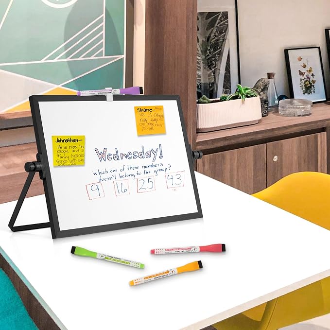 Double-Sided Magnetic White Board with Stand, 12" x 8" (Black) | Dry Erase Board with Stand, Desktop Whiteboard Easel , Portable Small White board dry erase for Drawing, Office, Home