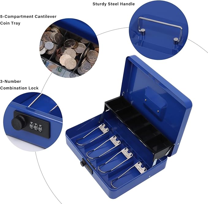 xydled Metal Cash Box, Cash Box with Money Tray and Combination Lock, Storage Box, Blue,4 Bill / 5 Coin Slots,11.8" x 9.5" x 3.5",Blue