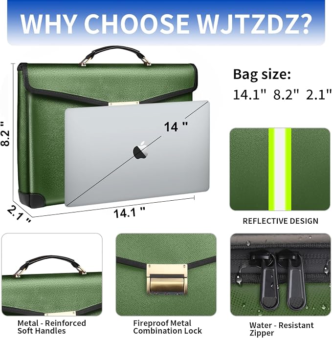 6500°F Fireproof Document Bag with Lock,Upgraded Fireproof/Waterproof Money Bag with Zipper/Reflective Strip,Storage Pouch for A4 Letter Size Document,Cash,Cell Phone,Passport