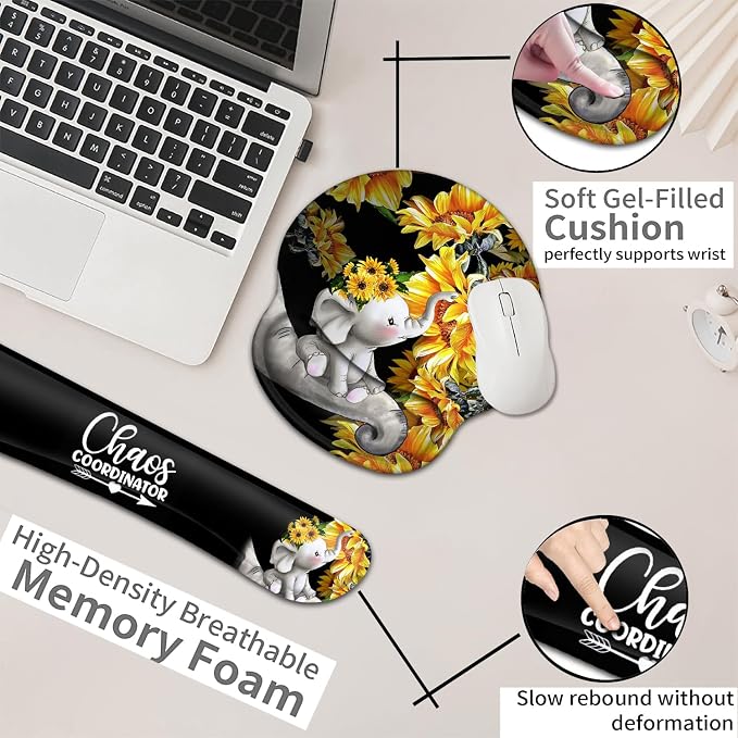 Mouse Pad with Wrist Support,Ergonomic Gel Smouse Pad Cute Baby Elephants with Sunflower Office Easy Typing Games to Relieve Fatigue, Non-Slip and Durable Memory Foam Keyboard Wrist Rest,(Pack of 3)