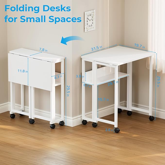 GreenForest Folding Desk with Wheels, 31.5" Rolling Table for Small Spaces | Storage Shelf, Lockable Casters, Compact Portable Workstation, Space-Saving Foldable Sofa Table, Home Office, Mobile, White