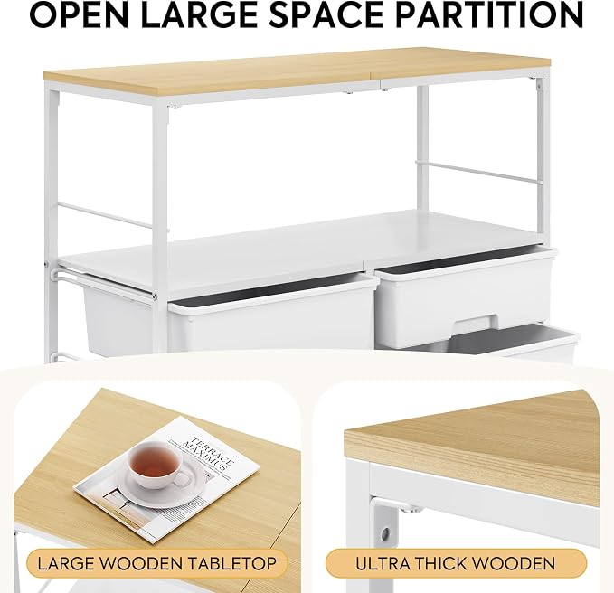 Rolling Storage Cart with 8 Large Drawers, Wooden Tabletop | Open Storage Shelves, Mobile Craft Organizer with Lockable Wheels for Home, Classroom, Office Supplies & Art Studio,White