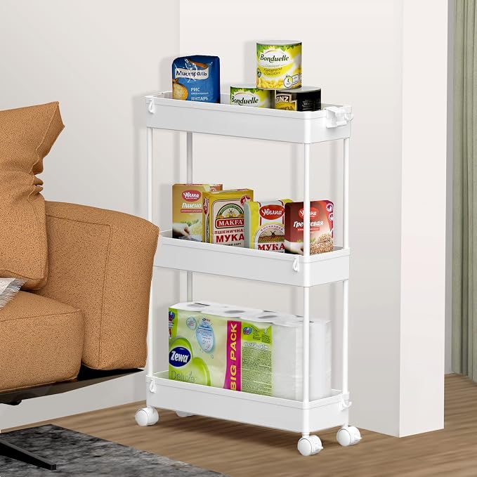 Slim Storage Cart 3 Tier,Bathroom Organizer Rolling Utility, Mobile Shelving Unit Slide Out for Office, Kitchen, Laundry Room & Narrow Places,White