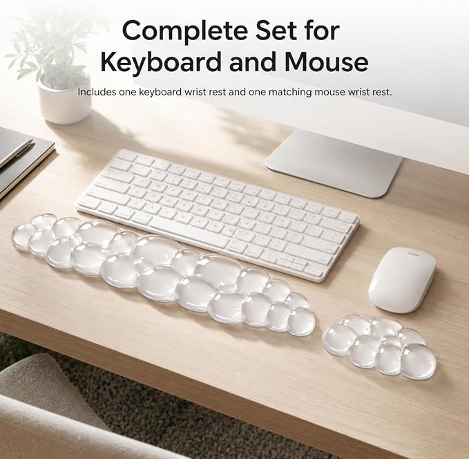 Ergonomic Gel Keyboard Wrist Rest Set, Soft Gel Palm Rest for Keyboard and Mouse, Clear Wrist Support Pad for Typing and Gaming Pain Relief, Non-Slip Base for Computer Laptop (Cloud)