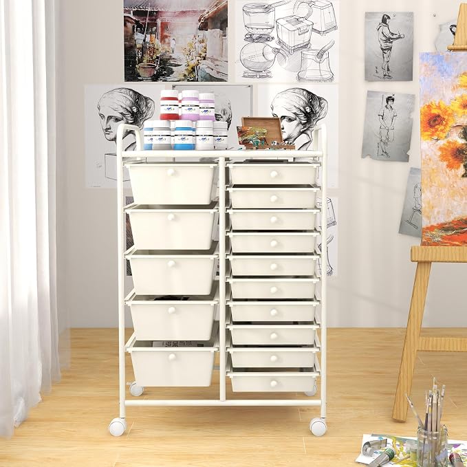 BECOMFORT 15-Drawer Rolling Cart with Drawers, Storage Cart on Wheels, Teacher Classroom Organizers with Metal Frame, Mobile Craft Cart for Tools, Trolley Utility Cart for School Office Play Room