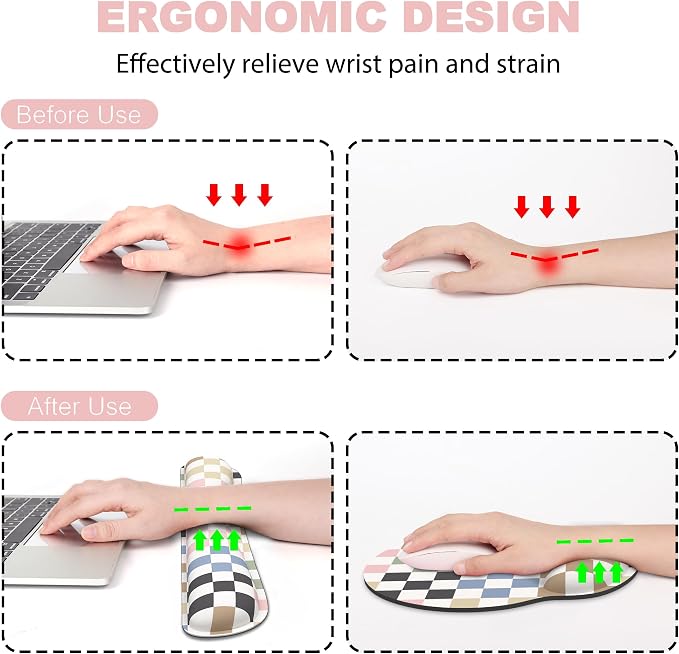 Ergonomic Mouse Pad with Wrist Rest and Keyboard Wrist Rest, Mousepad | Memory Foam Wrist Rest for Computer Keyboard, Non-Slip Rubber Base, Mouse Pad Wrist Support for Gaming, Colorful Checkered