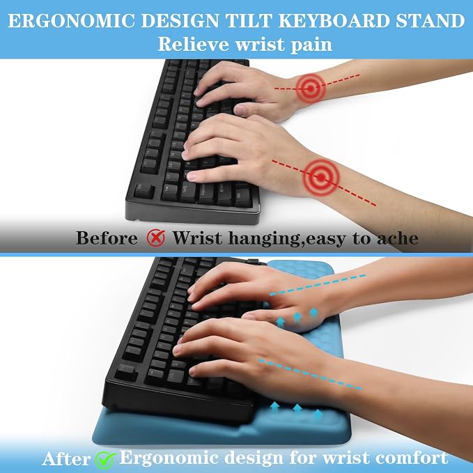 Computer Keyboard Stand with Wrist Rest Support Pad, Blue | Ergonomic Comfy Tilted Keyboard Stand Riser Holder Pad for Pain Relief, Soft Memory Foam Desk Cushion for Office Home