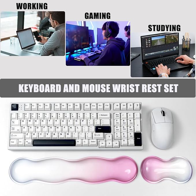 Ergonomic Gel Keyboard and Mouse Wrist Rest Set – Clear Wrist Rest for Computer Keyboard 60%/68%/75%, Comfort & Support for Typing and Gaming (Light Pink Blue)