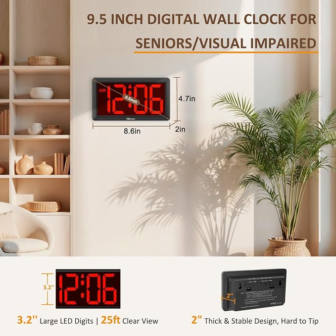 Soobest 9.5 Inch LED Digital Wall Clock Battery Operated, Auto & Manual Dimmer Display, Easy to Read Big Digits with Alarm for Seniors, Modern Decor for Living Room, Bedroom, Office (3.2" Numbers)