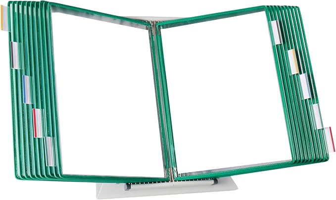 Tarifold Desktop Reference Display System, 20 Pockets, Expandable, Green | 20 double-sided PVC pockets, holds 40 letter-size sheets, sturdy metal base, quick-find indexing, quick and easy to assemble