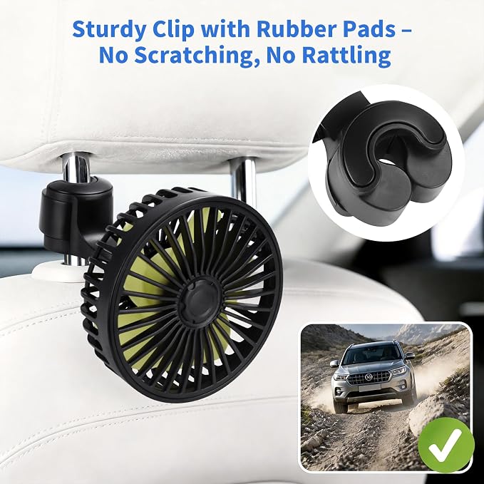 Kwak's Car Fan for Back Seat Clip-on USB, 3-Speed Quiet Portable | 55" Long Cord|Built-in Fragrance Slot|5 Quiet Blades| Reversible Mount| fits Headrest Rods|for Car/Office/Home.