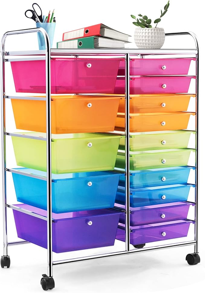COSTWAY 15 Drawer Rolling Storage Cart, Mobile Storage Organizer | Removable Drawers & Metal Frame, Multipurpose Utility Tools Paper Organizer on Wheels for Home, Office (Rainbow)