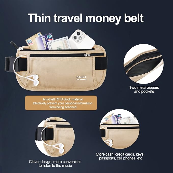 RFID Blocking Money Belt for Men Women, Slim Fanny Pack For Travel，Running,Conceal Waist Wallet For Passport Holder,Phone,Cash(Black Beige), Black Beige