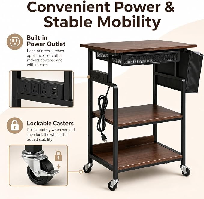Printer Stand, 3-Tier Rolling Printer Cart with Storage Shelf, Drawers | With Power Outlet, Usb-C, Filing Pockets, Table Desk Organizer For Office Home, Printer, Scanner, Fax, microwave ovens
