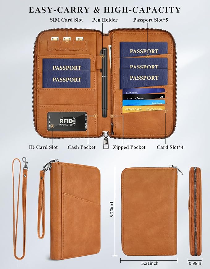 Family Passport Holder Wallet RFID Travel Document Organizer for Women Men, Portable Case Cover for Cards, Boarding Pass with Wrist & Neck Double Strap, Travel Gifts (Apricot, 1pack)