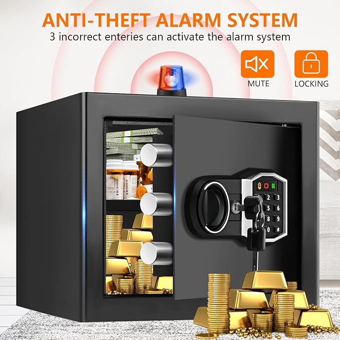 1.3 Cub Small Fireproof Safe for Home, Security Anti-Theft Fire Proof Safe Box with Spare Keys, Programmable Keypad and Alarm System, Digital Fireproof and Waterproof Safes for Document Money Medicine