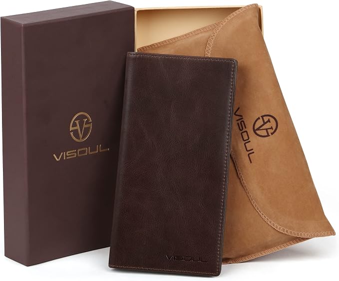 VISOUL Leather Checkbook Cover Wallet for Men with RFID Blocking, Mens Long Bifold Cash Tall Wallet with 11 Credit Card Slots 1 ID Window (Coffee)